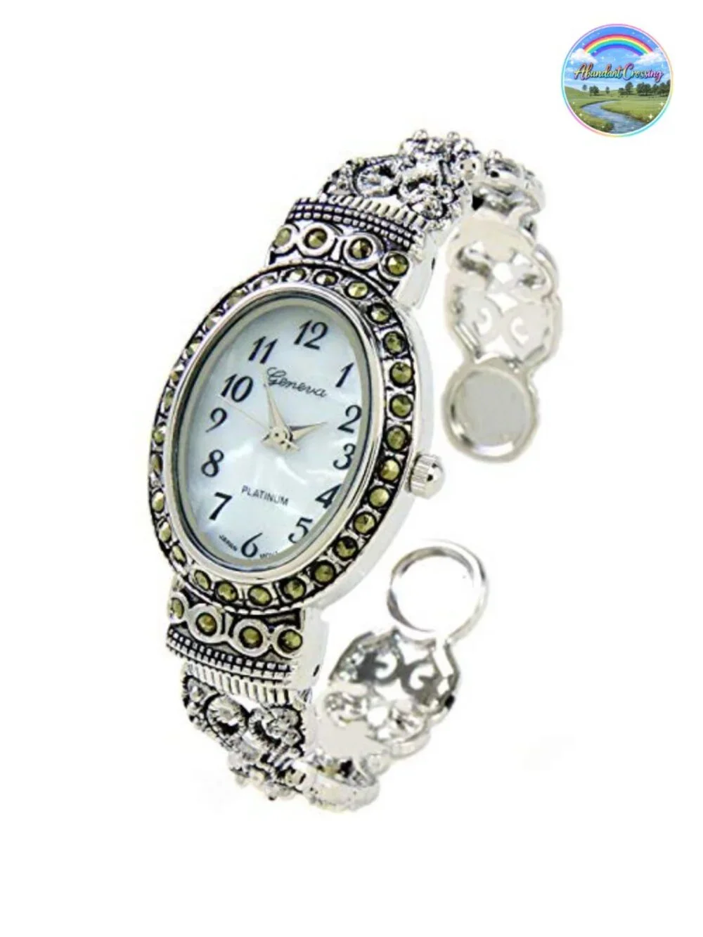 Vintage Marcasite Crystal Oval Bangle Cuff Watch, Japan Quartz, Stainless Steel